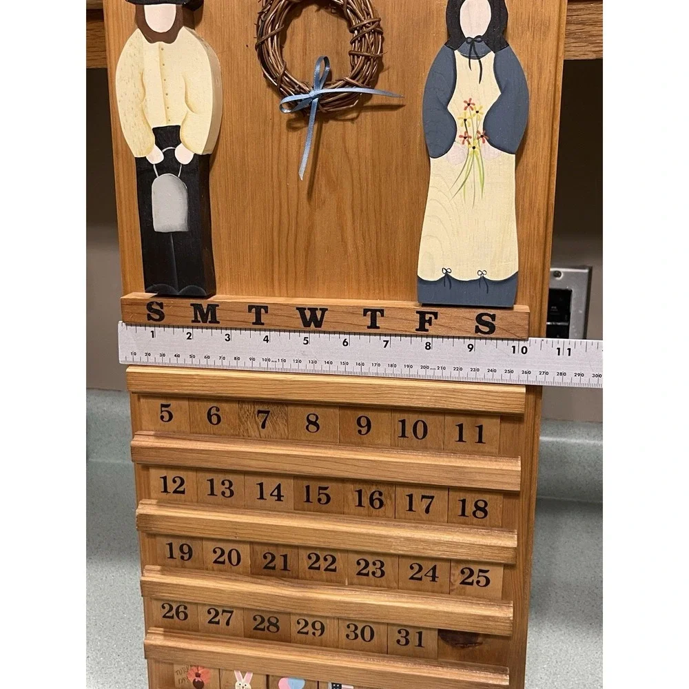 Wooden Amish Country Folk Art Hanging Perpetual Calendar Cottage Grandma Core